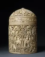 Pyxis of al-Mughira portable Ivory carved container 10th century CE.webp