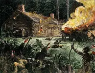 Native-Americans-log-cabin-fire-woodcut-King (1).webp