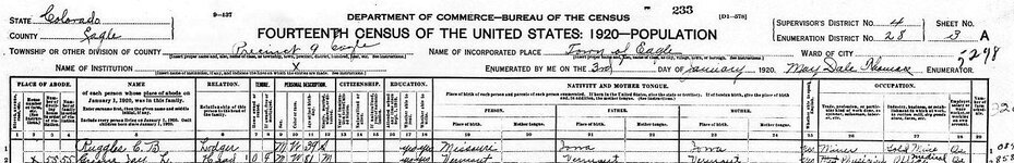 C B RUGGLES 1920 UNITED STATES FEDRAL CENSUS C B RUGGLES REC ORDED AS A GOLD MINER IN COLARADO X.jpg