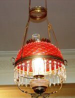 155_2 - Victorian Hanging Oil Lamp with Cranberry Hobnail Shades & Press Glass Font 14 in. Dia.jpg