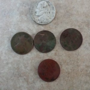 20150620 211050  Old VFW Notables  1945 P War Nickle, 2 wheats 1918, 1942, & 1944.  !945 Canadian Penny