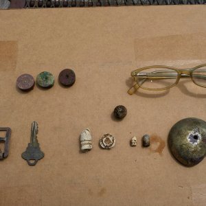 20150822 Collection of relics found where a Civil War Confederate hospital used to be. Included are my first 2 Ringer, a smashed minie ball, a CW pist