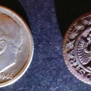 1900s "re-pop" of a 1775 (revolutionary war) hessian british soldier uniform button.... a 3 legged teutonic eagle and in latin it says "Nostra es devs