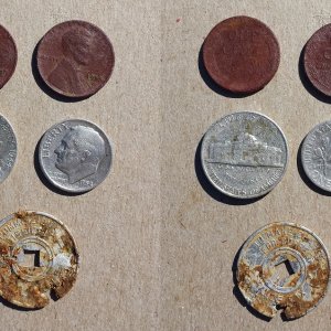 20160213 1954 Rosie, 1944d War Nickel, 1955d and 1957d wheats and a MS Sales Tax Token found with the F75 at a door knock permission in Brandon.