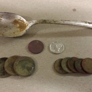 20160218 First hunt with the E-TRAC. A silver plated spoon, a 1942 Wheat and a 1943d Mercury found in Madison.