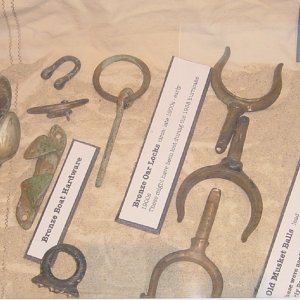 PART OF DISPLAY I PUT ON LOAN
THIS INCLUDES FLATWARE - BOAT PARTS - OLD OAR LOCKS - MINIE BALLS CIRCA MID 1800S - AND MUSKET BALLS - EARLY 1800S