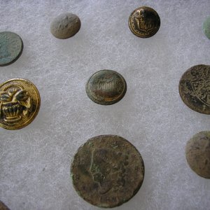 October 6th, 2010 - Group Shot:  N.M.A. Button, 1783 KGIII Gold Half-Guinea Forgery, 181? Matron Head Large Cent etc.