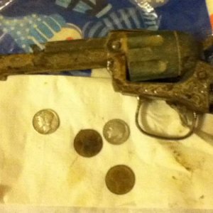 Old farm site - 2 silver dimes, 2 wheat pennies, old broken cap gun