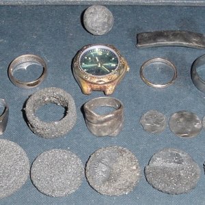 SILVER & GOLD FROM AUG. CAPE COD TRIP = 14K-1915 BAND, 14K THIN BAND , 4 SILVER RINGS , SILVER ID BRACELET PLATE, 3 SILVER EARINGS , 5 MERCURY DIMES, 