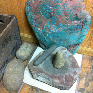 Stone tools, mortar and 60 pound float copper plate.