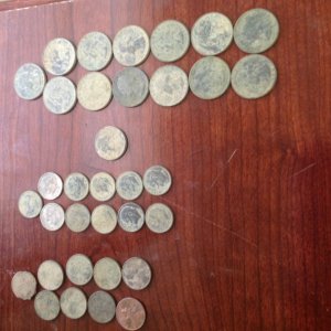 My second day with the Garrett Ace 350 13 quarters, 11 dimes, 1 nickel, 9 pennies no silver but I did get a wheat cent