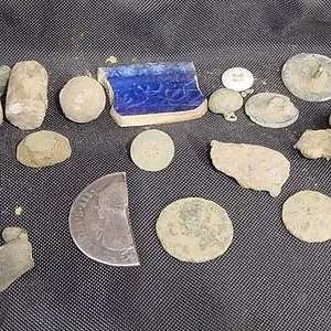 COLONIAL FIELD FINDS - CUT 2 REALE - 1600'S COPPER - THOUGHT PIECE ON LEFT WAS PART OF A TRIGGER GUARD - THINK IT IS A CANDLE HOLDER PIECE THOUGH