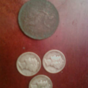 Couple 1942 merc dimes, 

1876 Brit One Penny - bronze ( my oldest coin )