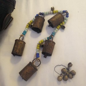 Copper/Bronze primitive bells & glass trade beads presumably Chinese in origin