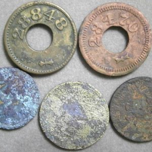 2 amusement tokens, Mexican cent, Indian head cent, V nickel