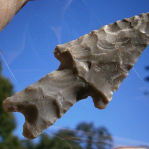 diff view of knapped by me of Texas chert, bifurcated stemmed base dart point