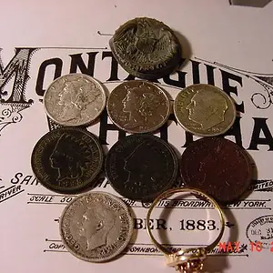 More finds added from the parsonage. Another Merc, a Canadian silver dime, a smooshed NY coat button. The rest of the coins and the ring were in the p