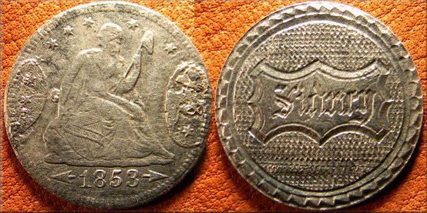 1853 seated liberty quarter love token
