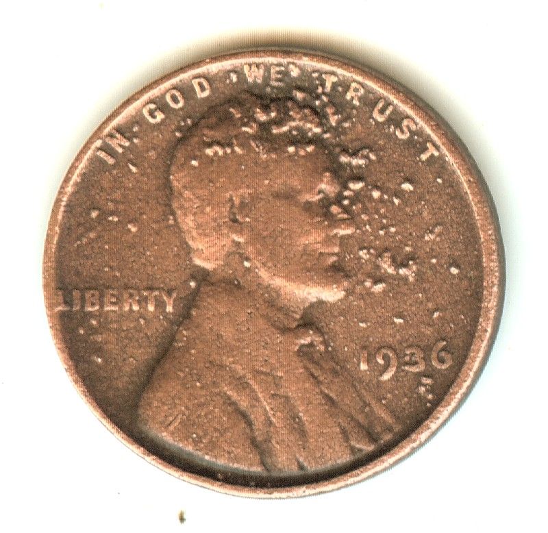 1936, Lincoln frontal lobe explosion wheetie wheat cent mint error.