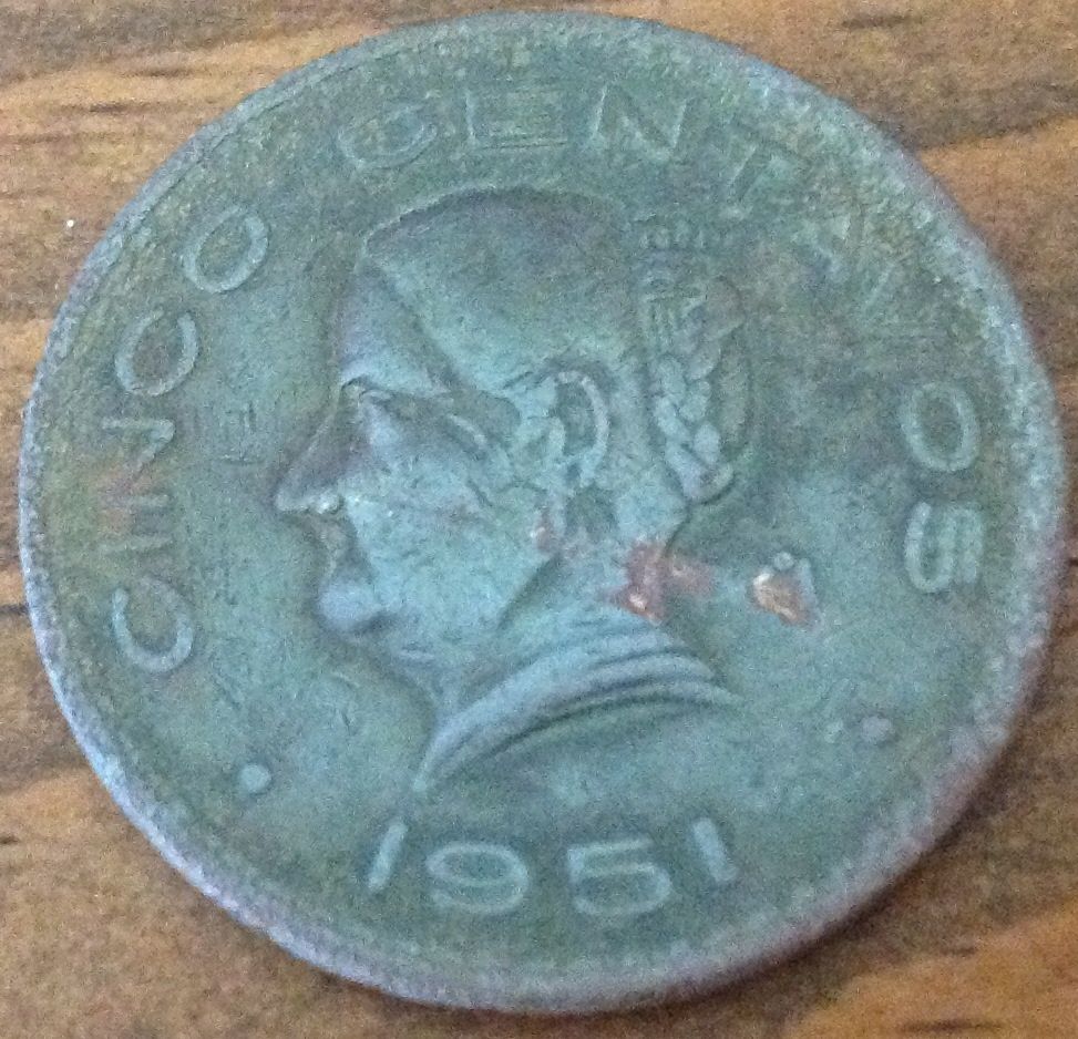 1951 Cinco Centavos
Found 06/05/13
Columbus, Ms