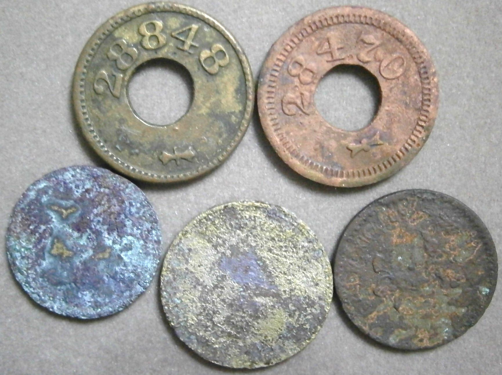 2 amusement tokens, Mexican cent, Indian head cent, V nickel