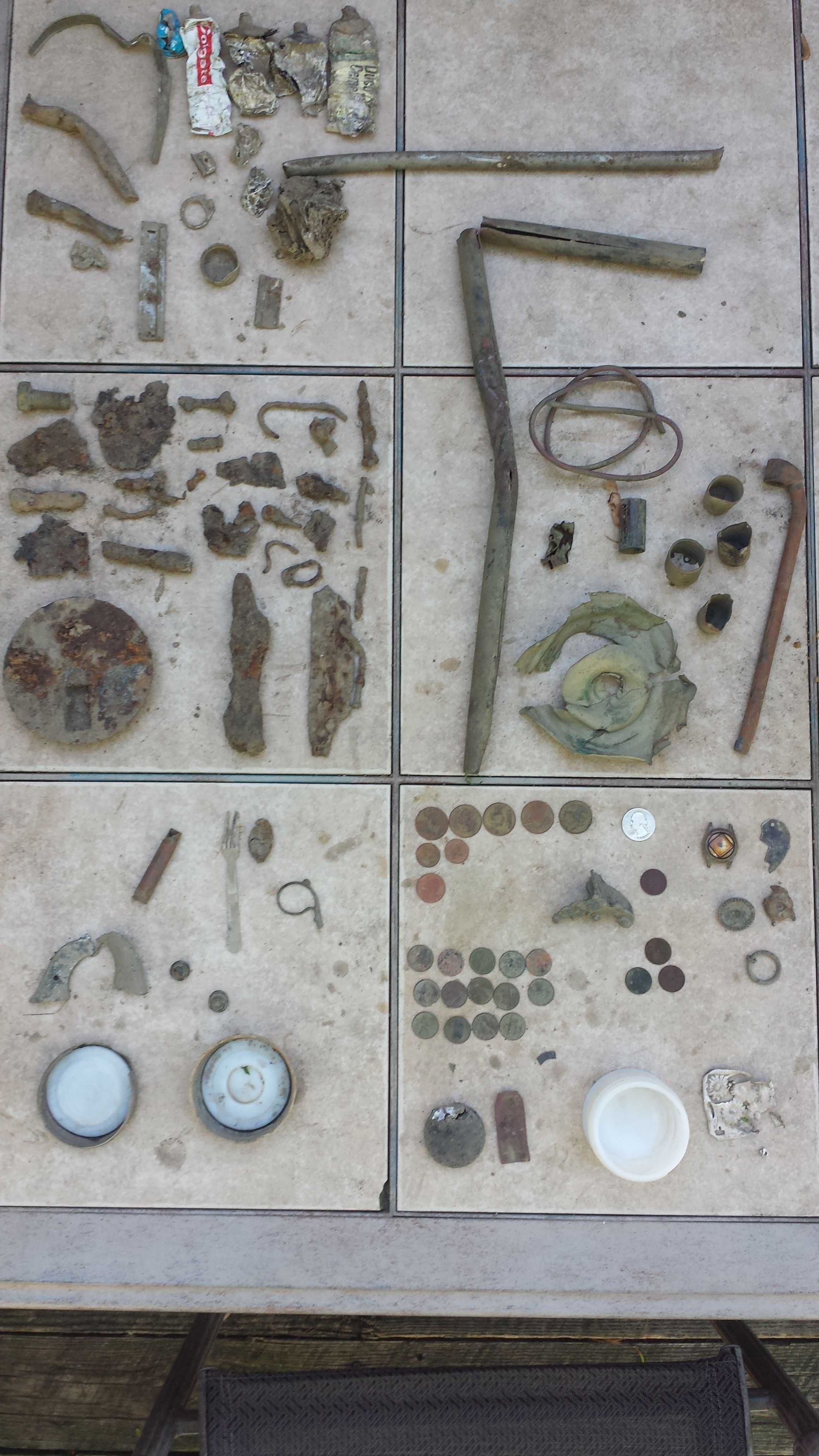 20150606 182441  Grey House Hunt 
3.5 hr  $1.93  top left aluminum, Mid left iron, mid right copper, bottom left misc., bottom right, coins and notabl