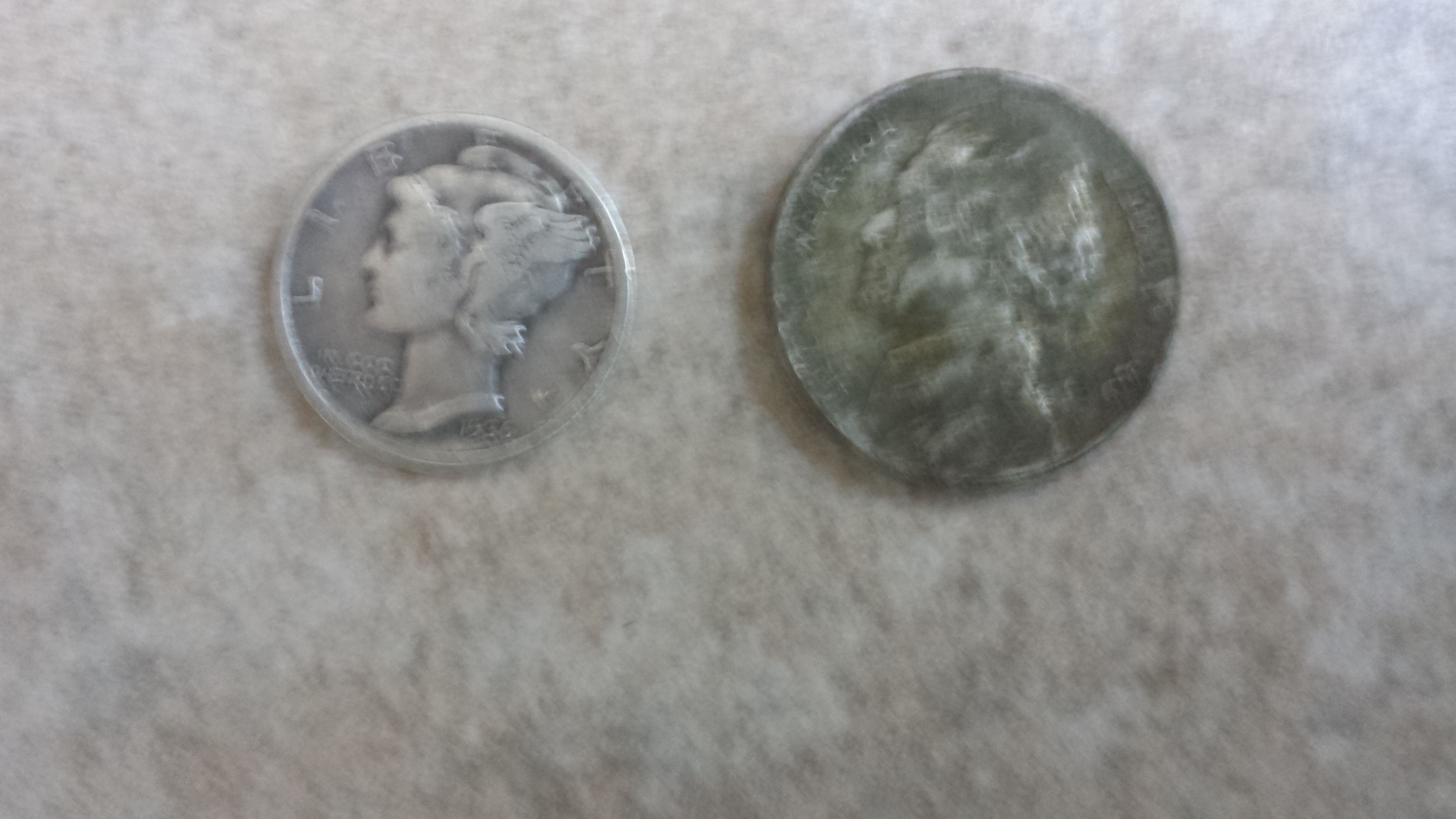 20150610 202708  Old VFW Notable coins.  1936 Merc and a 1943-P War Nickle