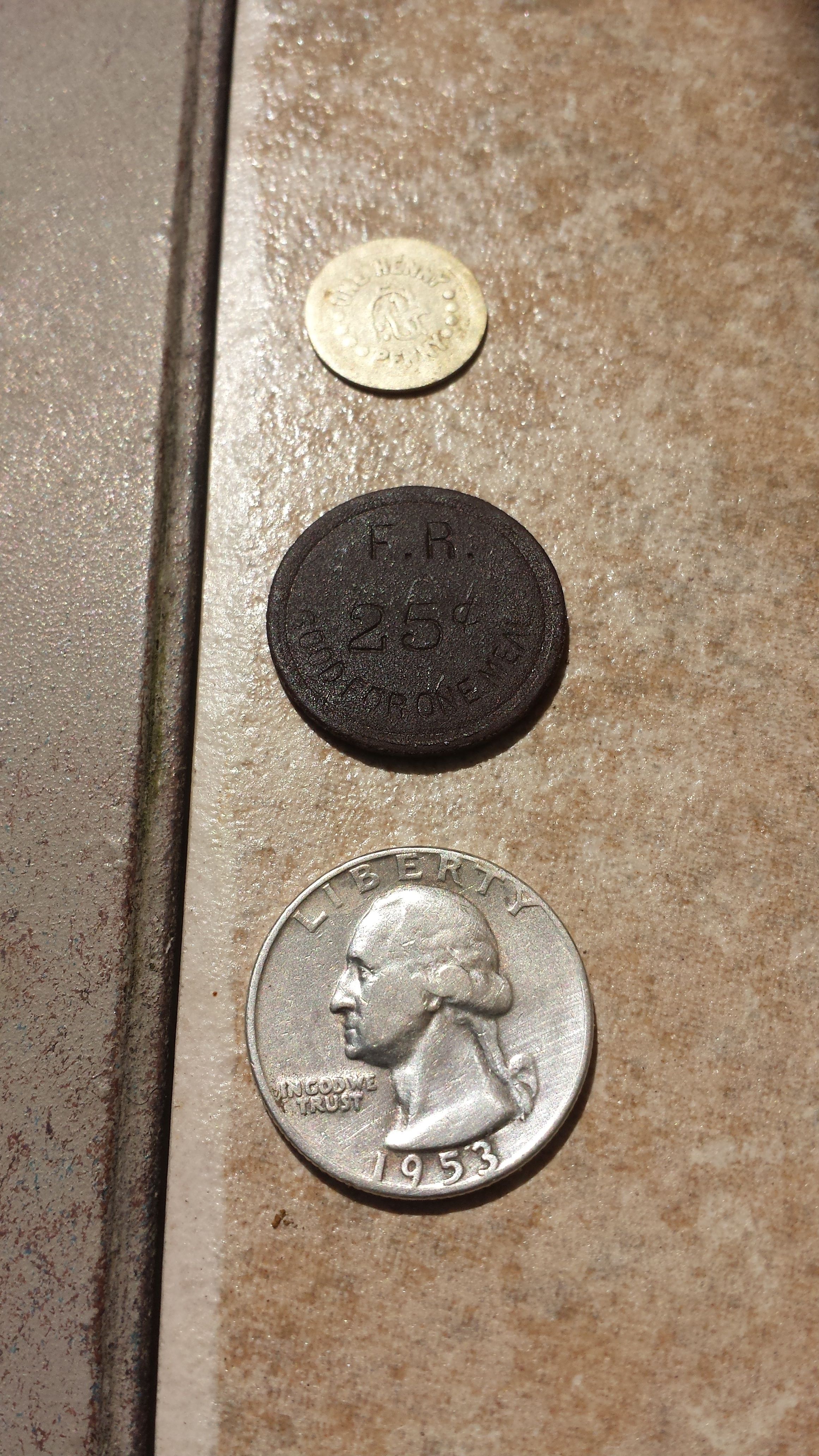 20150706 155438  3 Notables
Henny Penny, F.R. 25 cent Good for one meal token, and 1953 quarter