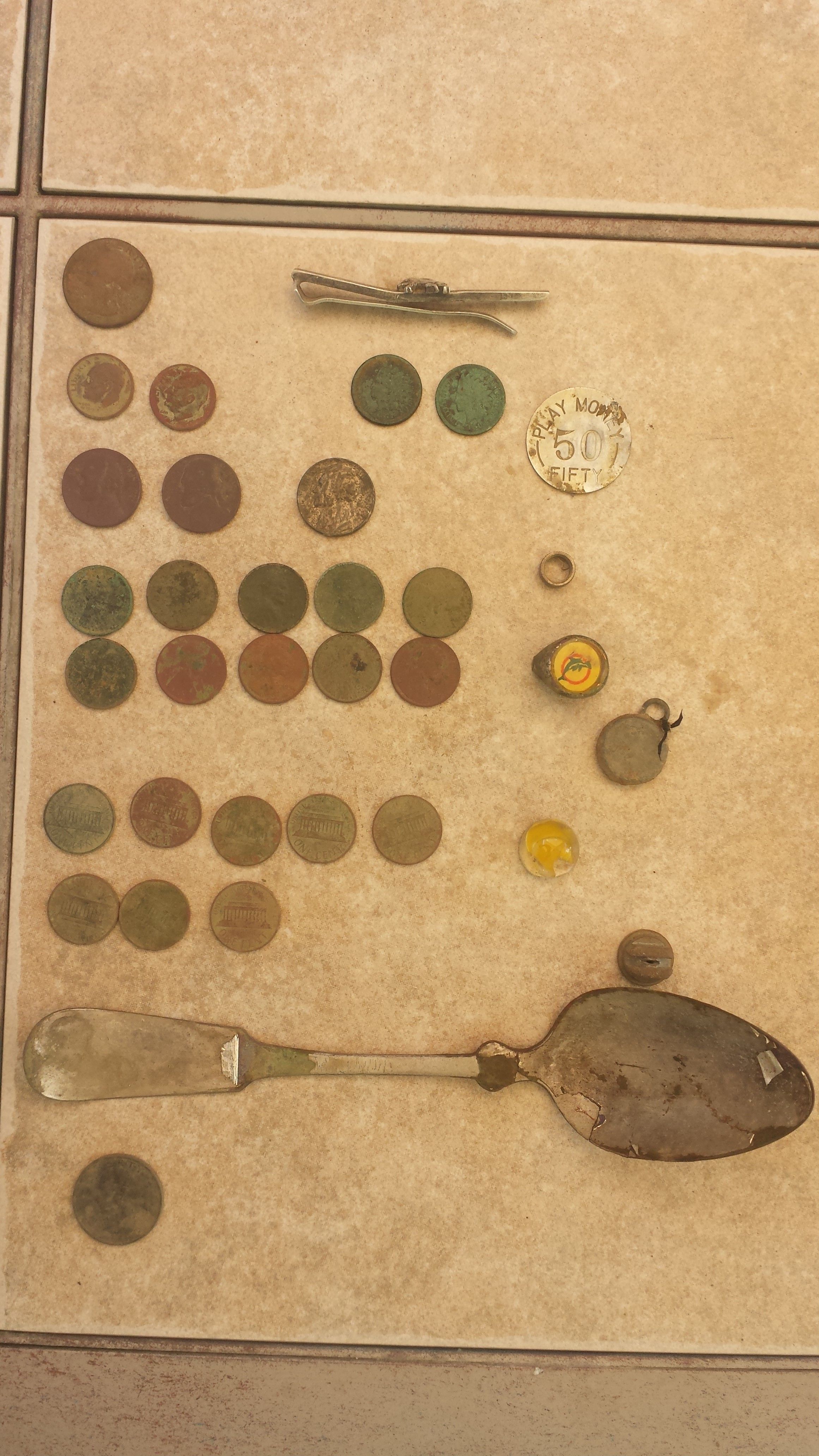 20150801 163629  Brick house on Elm Finds.  3.5 hr  2 IHPs 1877 & 1907, 47 & 56 nickles, 10 wheats 1919-S, 26,28,34,37-D, 41, 41-D, 54, 54-D, & 55.  S