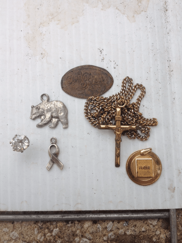 .925 bear and ribbon charm, 1/20 12k gf RCA gold record medallion, 1/20 14k gf religious cross and chain.