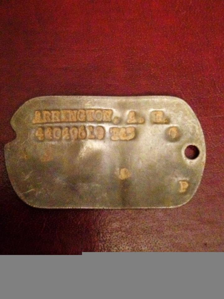 AE Arrington's dog tag.  WWII Veteran who sadly died only a few years ago.  Would like to return to next of kin.