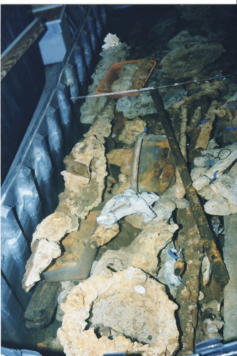 AtochaEO tub8: One of the tubs in the conservation labs, filled with encrusted objects that need to be kept submerged.  There should be at least one r