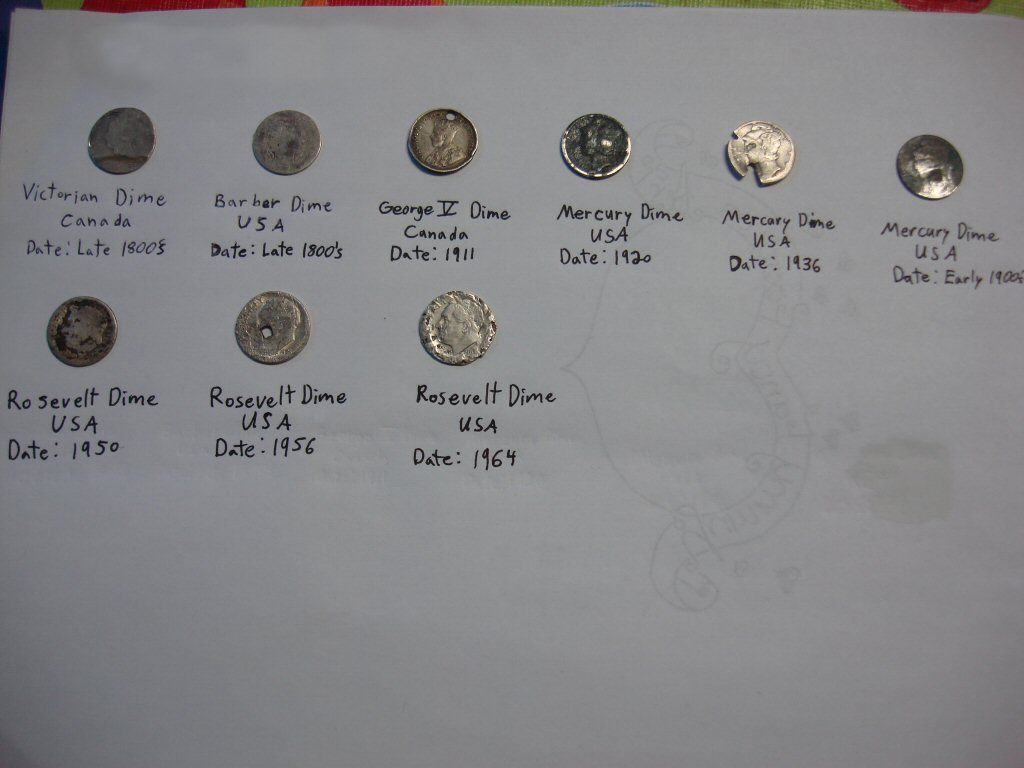 Canadian and American silver dimes.
Queen Victoria dime, George V, Barber Dime, 3 Mercs, and 3 Rossies.  
Found September 30th