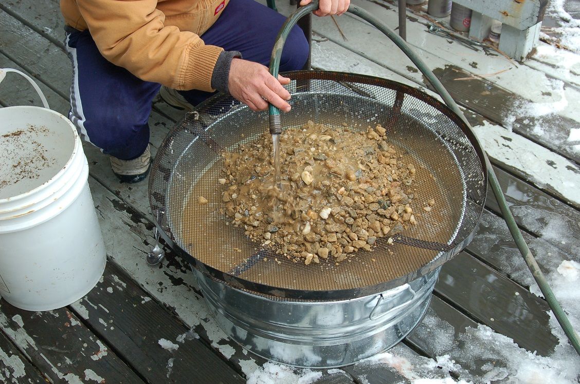 Classifying the sand and rocks with a fire screen into a washtub and then the cons are returned to the bucket