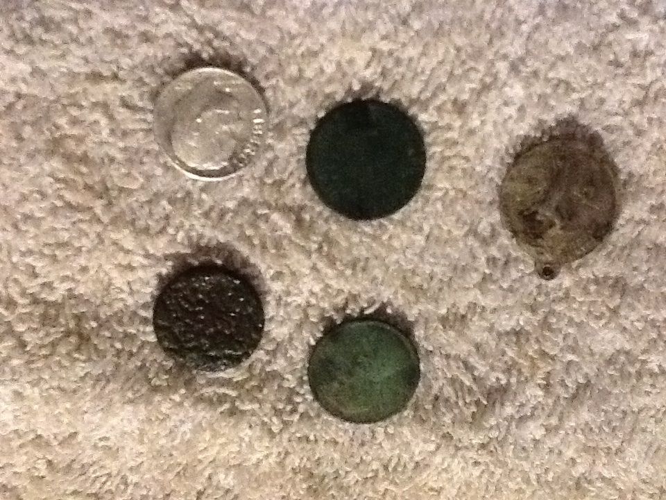 Finds:1947 silver dime, 1883 Indian head penny, wheat penny,cool awesome women's button, st. Francis religious medal.