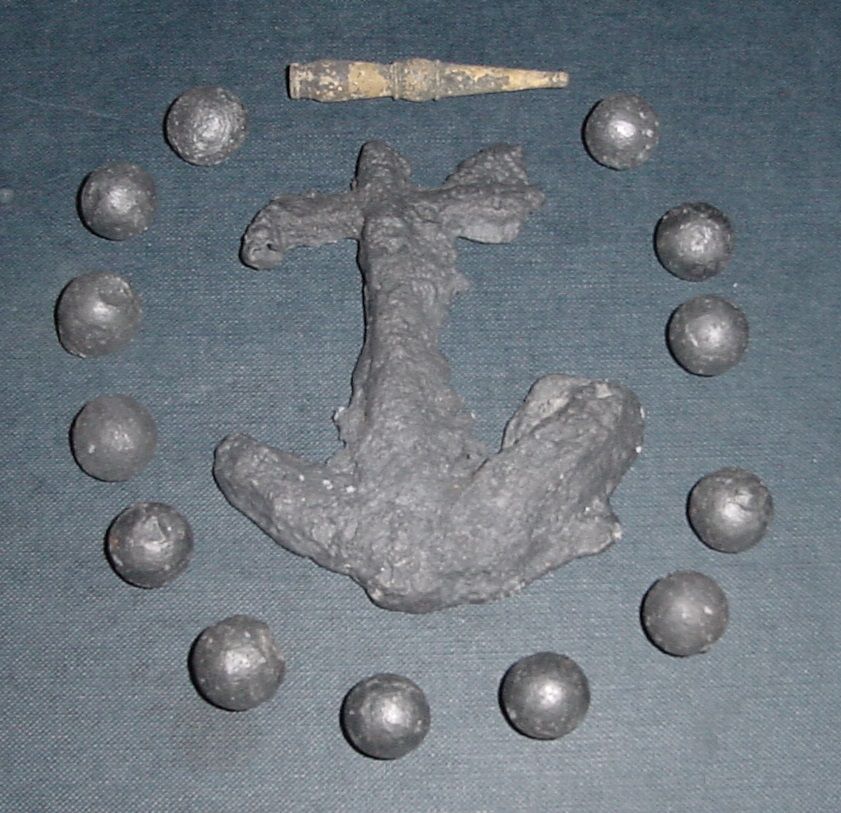 FOUND IN WATERS OFF OF A REVWAR/1812 WAR/ CW FORT 
ANCHOR I BELIEVE IS SOLDIER ART - IT IS A SAND CAST PROBABLY MADE FROM MELTED MUSKETBALLS