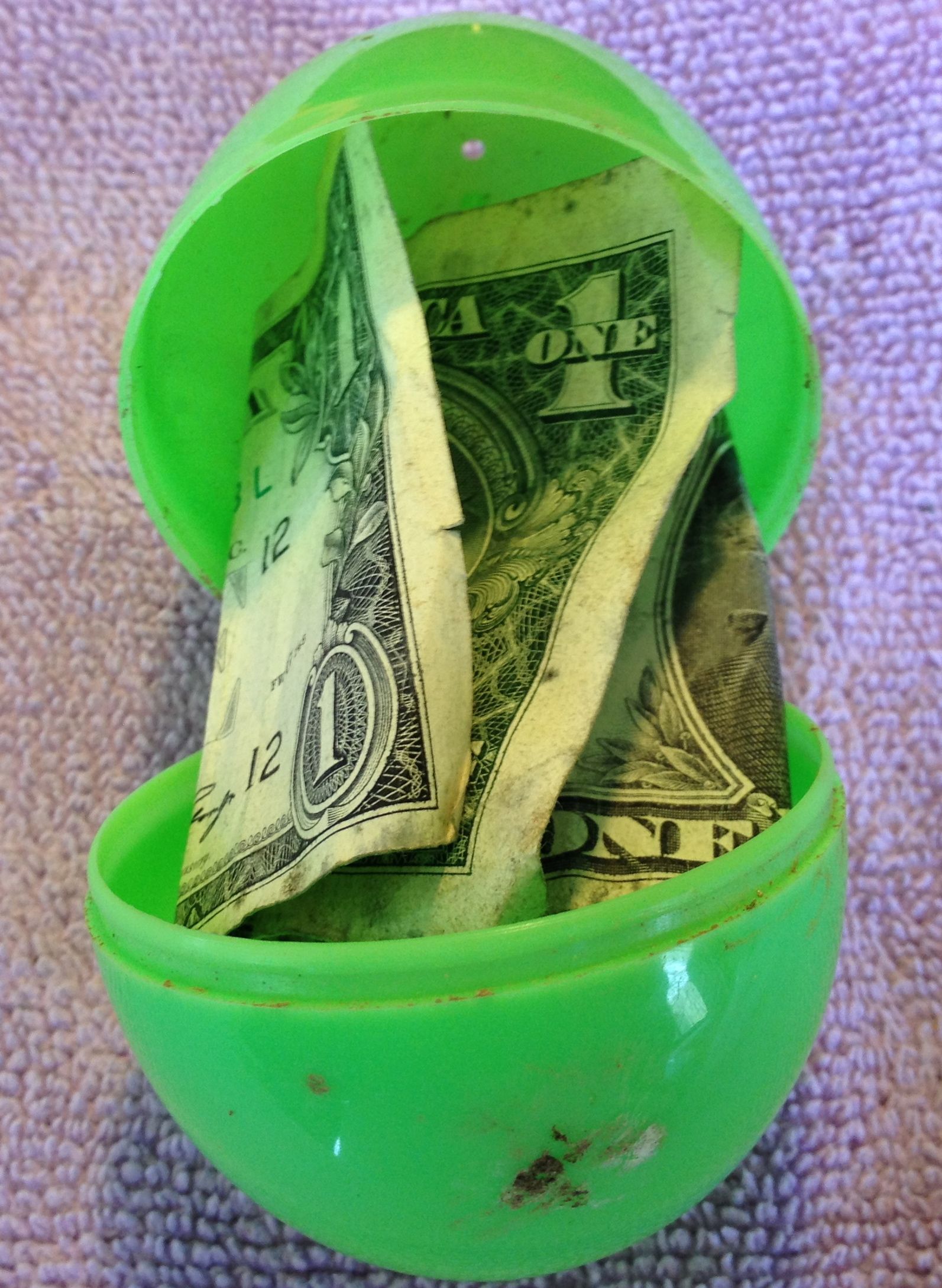 "Ground Find"
Plastic Easter Egg With Dollar Bill Found 4/29/13
Steens, MS