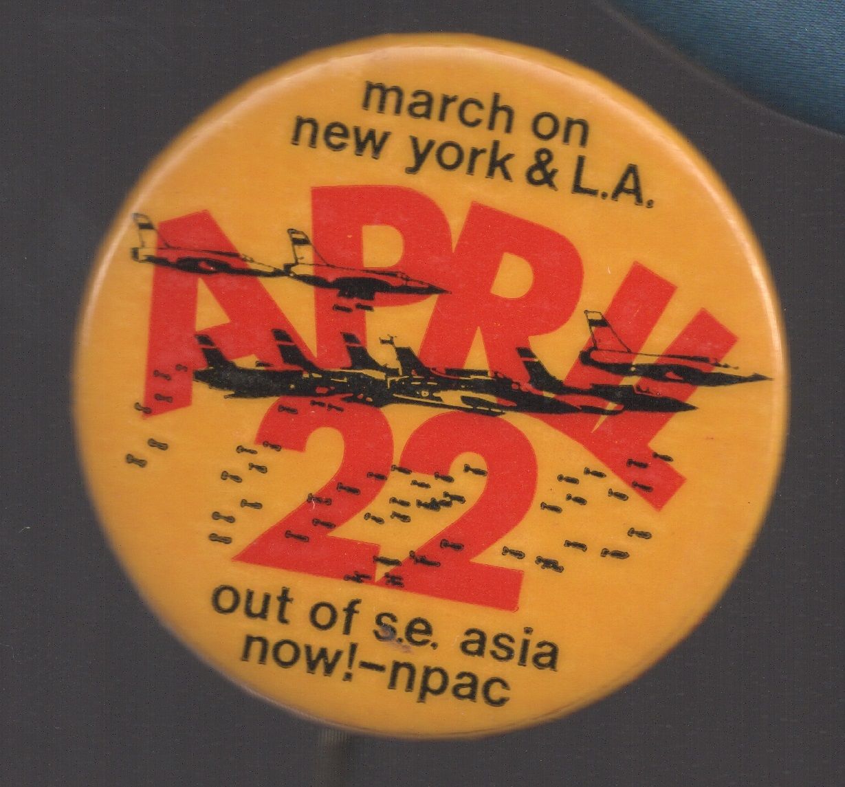 March on NY & LA April 22 1967 NPAC 1.75"
John Lennon and Yoko Ono led the crowd singing “Give Peace A Chance.