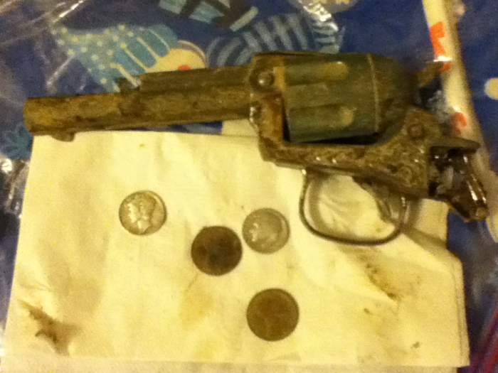 Old farm site - 2 silver dimes, 2 wheat pennies, old broken cap gun