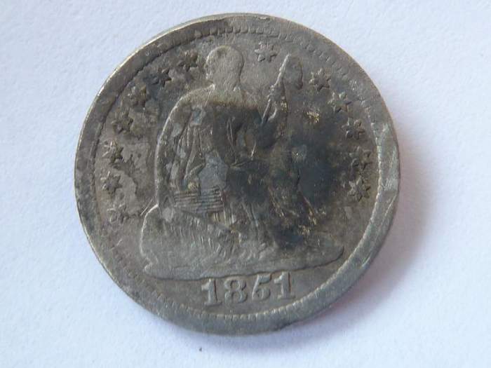 Oldest Coin Thus Far - I dug this baby in Cape Girardeau.  It's an 1851 O Seated Half Dime.  I may never find an older coin than this around here!