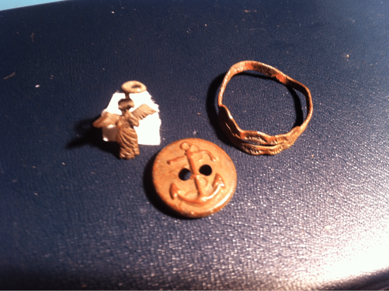 Ring 8, junk metal, naval button cover, angel pin