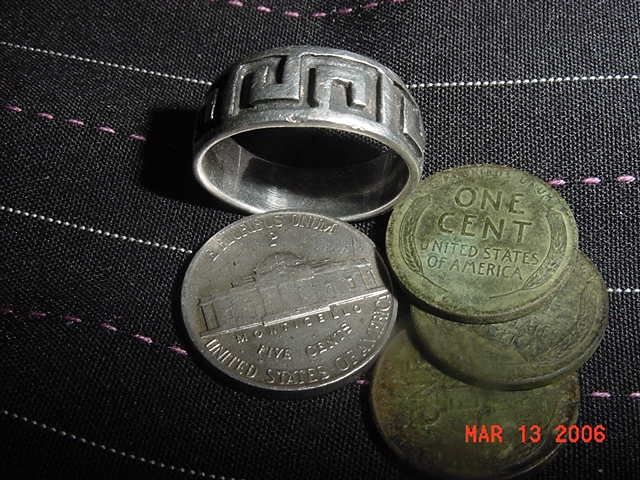 Sterling ring, a War Nickel, and 3 Wheaties