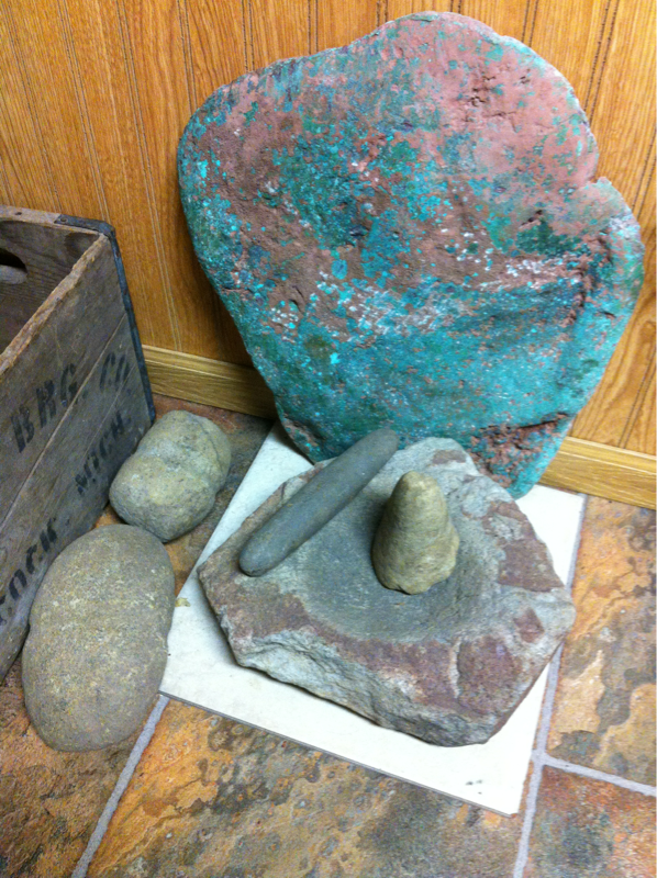 Stone tools, mortar and 60 pound float copper plate.