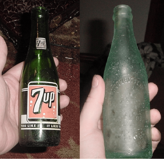 THESE 2 BOTTLES WERE FOUND ON A JUNE HUNT  - 7UP IS FROM 50s- OTHER IS FROM THE TEENS AND WAS A GINGER ALE BOTTLE