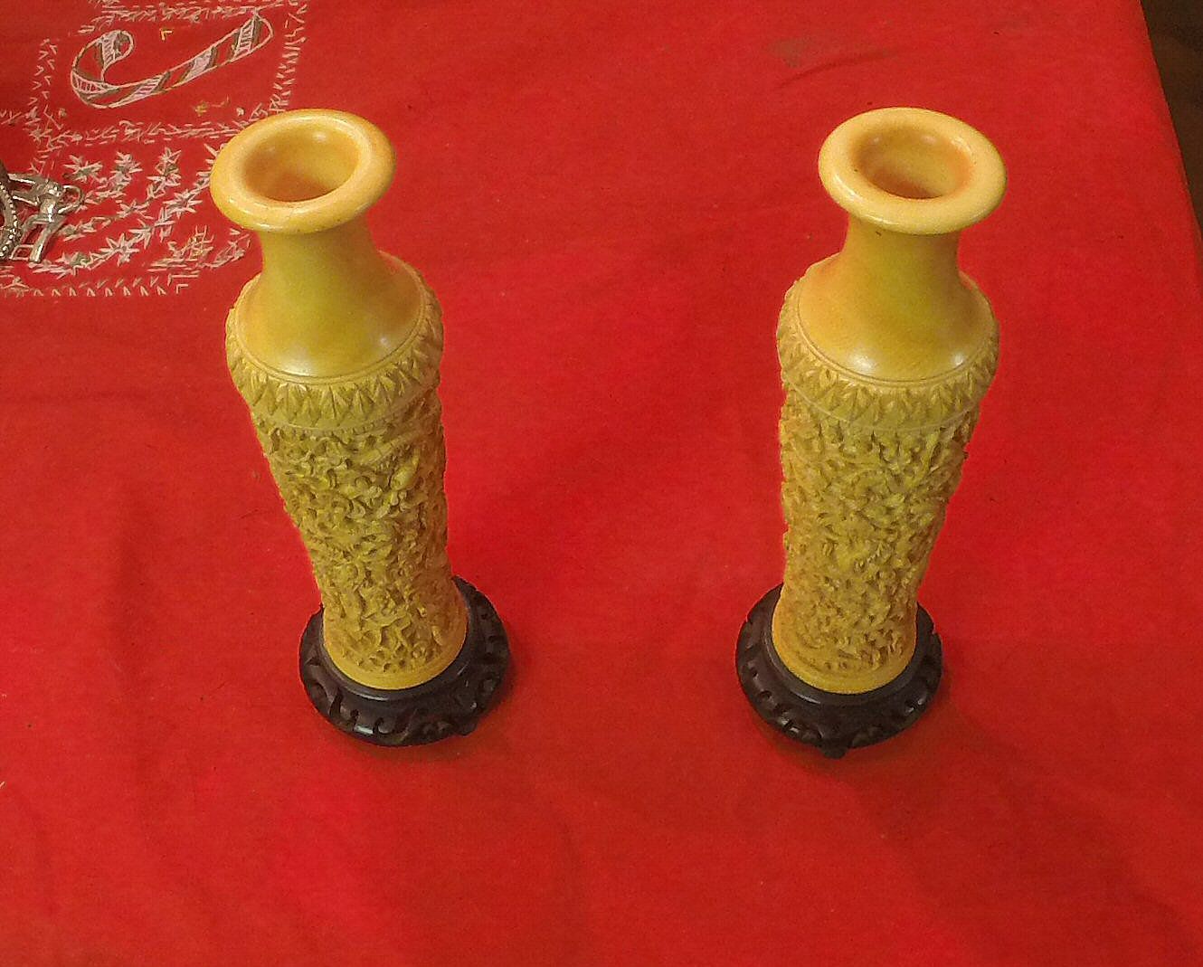 Very ornate Qing Dynasty African Elephant Ivory Dragon Vases. (A US soldier's Pacific-WWII souvenirs)